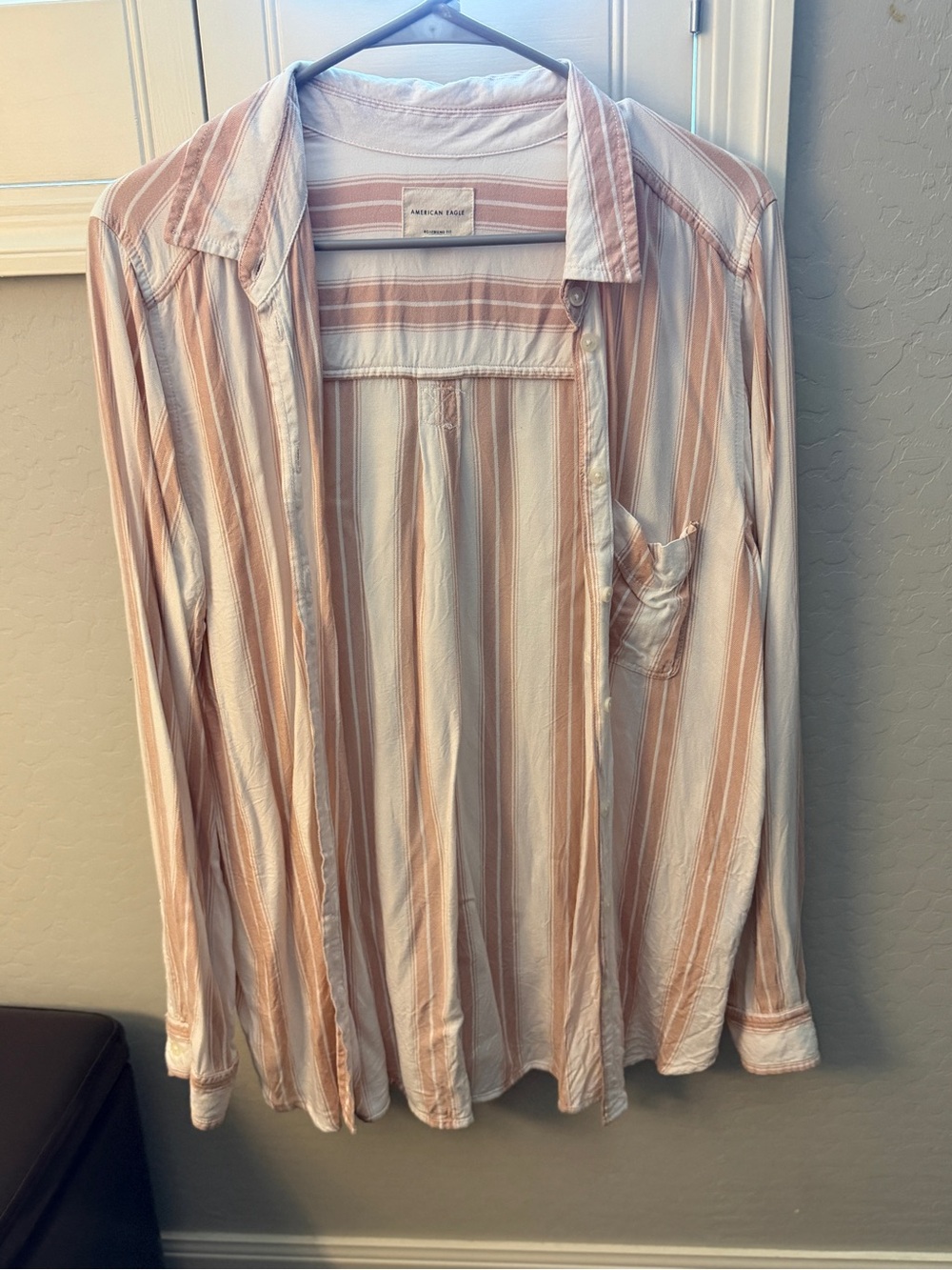 American Eagle Outfitters Peach and White Striped Button-Down Shirt